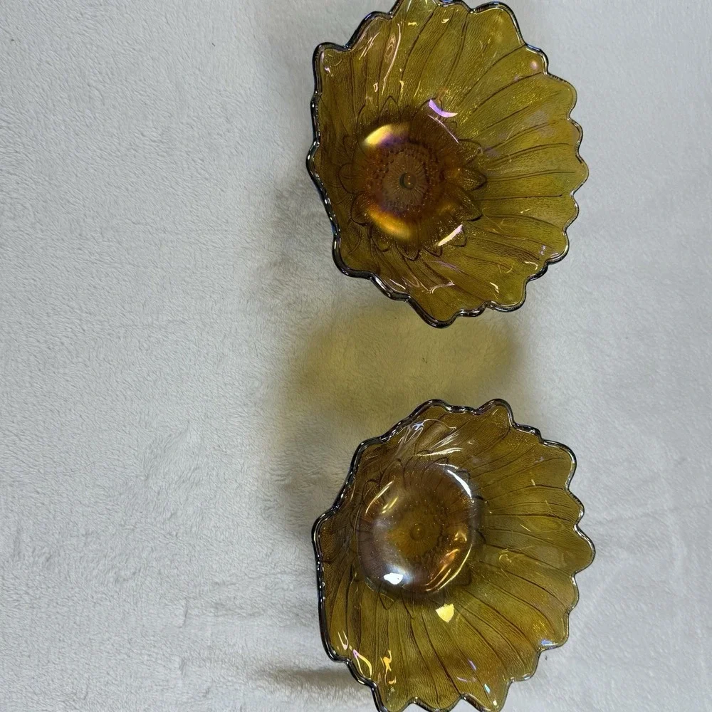 Vintage Carnival Glass Sunflower Marigold Iridescent Berry Bowls Set of 2